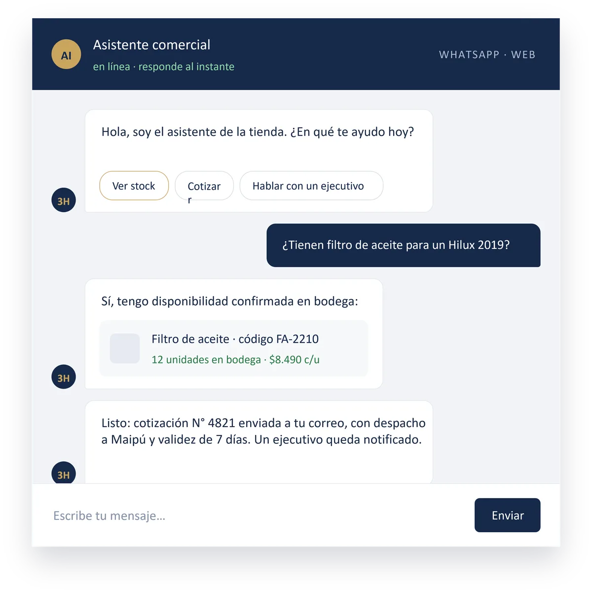 Conversación con el asistente comercial: consulta de stock, cotización y derivación a ejecutivo
