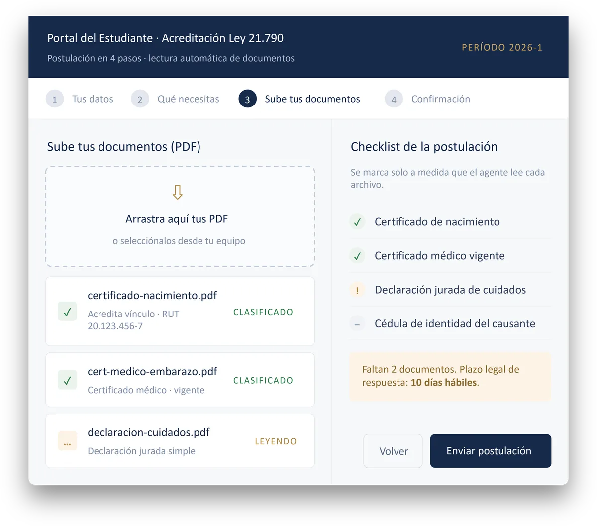 Portal de postulación con carga de PDF, clasificación automática y checklist de requisitos